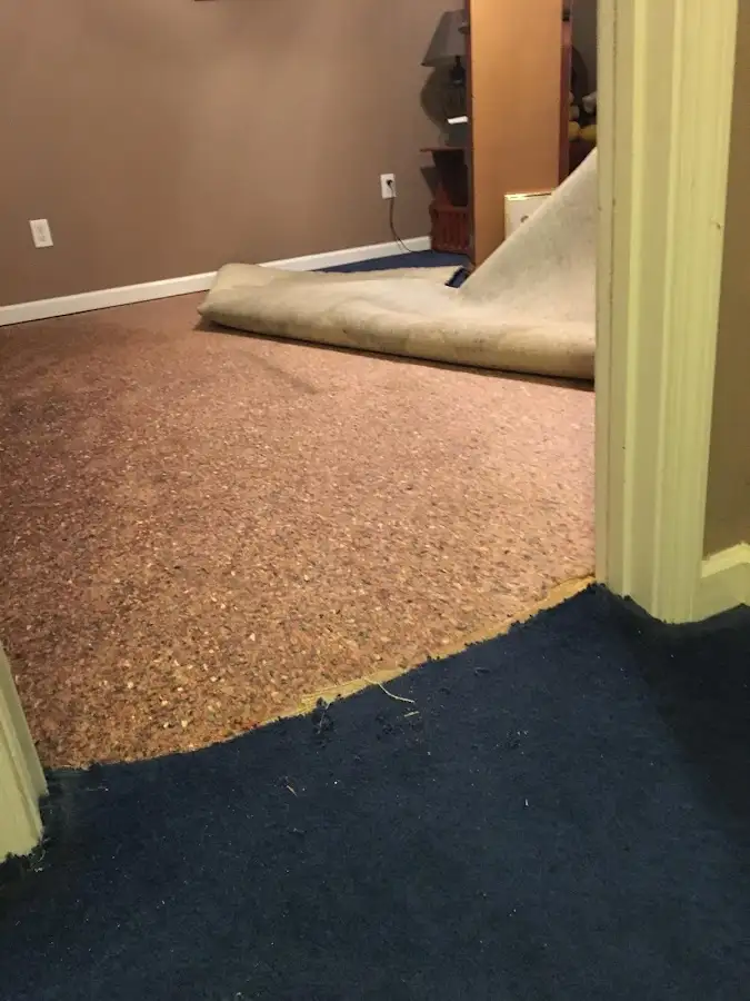 Carpet pad removal revealing water damage during Water Mitigation Services in Solvang